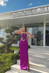 Vestido de fiesta encantador con tirantes largos de sirena, largo hasta el suelo, con pedrería y abertura